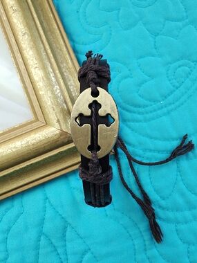 Bronze Cross Leather Wrap Bracelet - Brown